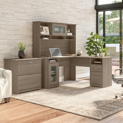 Bush Furniture Cabot 60W L Shaped Computer Desk with Hutch and Lateral File Cabinet, Ash Gray (CAB0