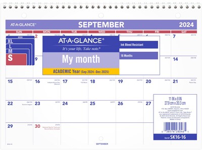 2024-2025 AT-A-GLANCE 11" x 8" Academic Monthly Desk or Wall Calendar, Purple/Red (SK16-16-25)