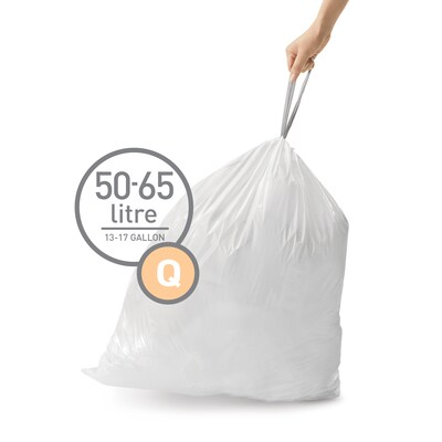 simplehuman Code Q 13-17 Gallon Trash Bag, 6.5 x 9.8, Low Density, 1.2 mil, White, 240 Bags/Box (C