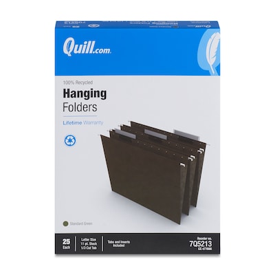 Quill Brand® 100% Recycled 3-Tab Hanging File Folders, Letter Size, Green, 25/Box (7Q5213)