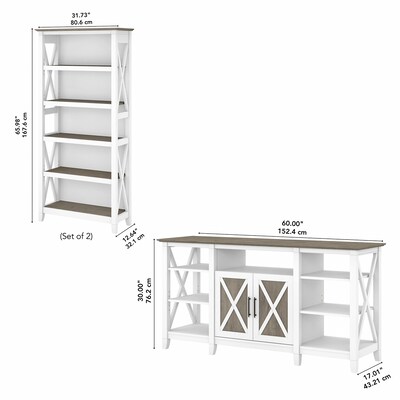 Bush Furniture Key West Tall TV Stand with Set of Two Bookcases, Shiplap Gray/Pure White, Screens up to 65" (KWS027G2W)