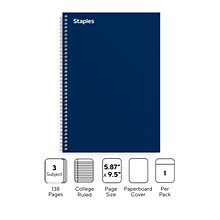 Staples Premium 3-Subject Notebook, 5.88 x 9.5, College Ruled, 138 Sheets, Blue (ST58352)