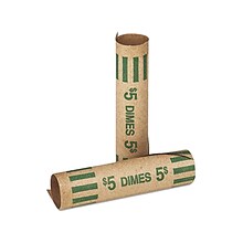 CONTROLTEK $5 Dime Crimped-End Coin Wrapper, Kraft/Green, 1000/Carton (560053)