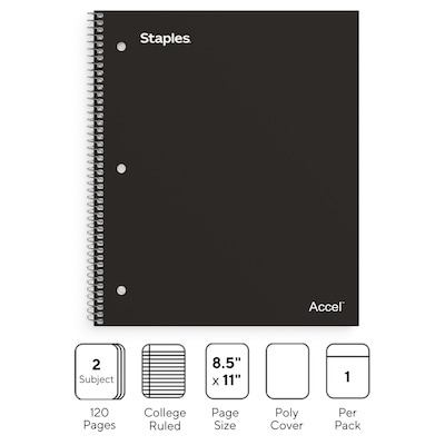 Staples Premium 2-Subject Notebook, 8.5 x 11, College Ruled, 120 Sheets, Black (TR58310)
