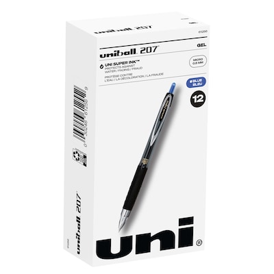 uniball 207 Retractable Gel Pens, Micro Point, 0.5mm, Blue Ink, 12/Pack (61256)