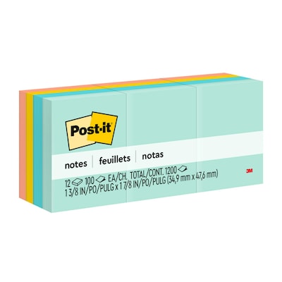 Post-it Notes, 1 3/8 x 1 7/8, Beachside Café Collection, 100 Sheet/Pad, 12 Pads/Pack (653AST)