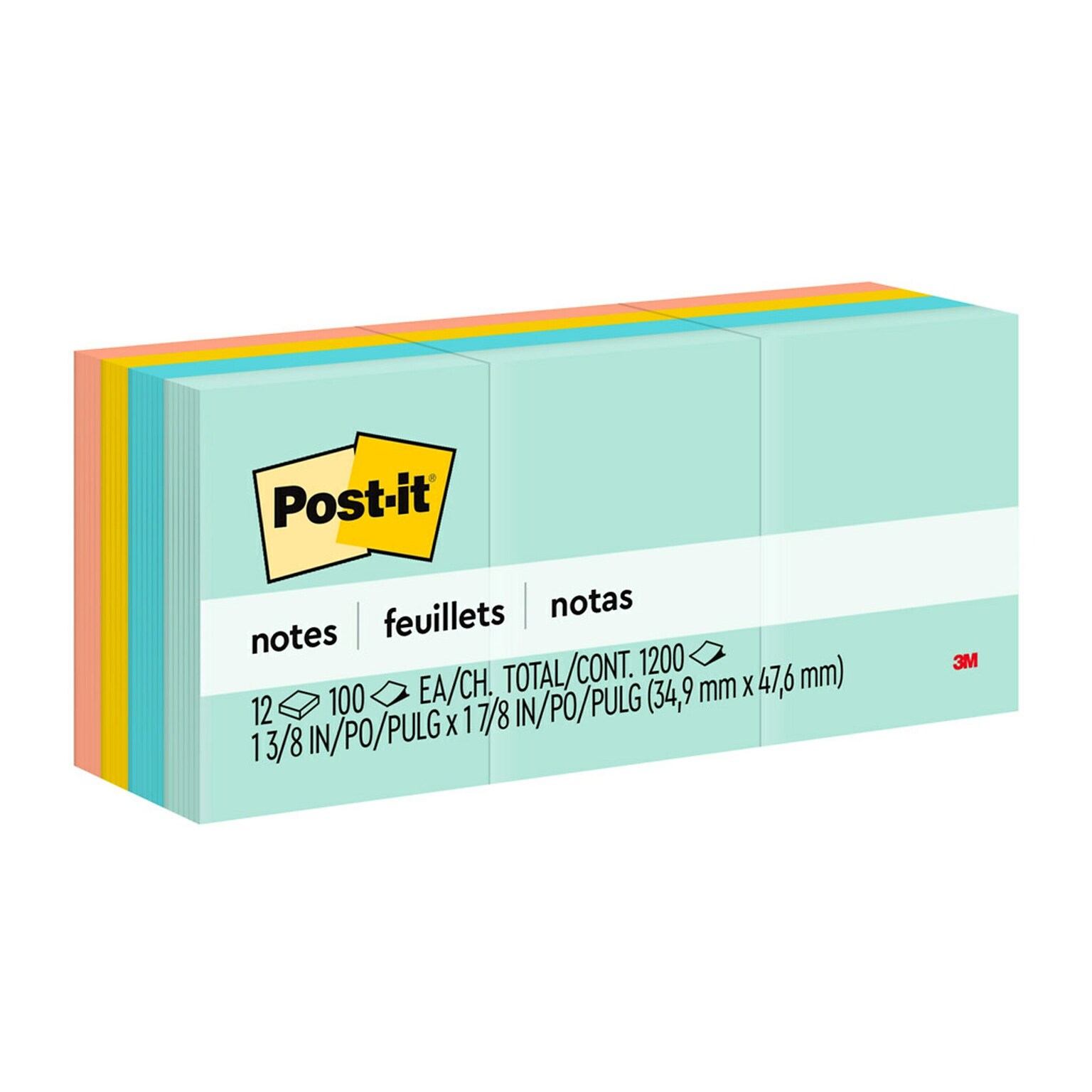 Post-it Notes, 1 3/8 x 1 7/8, Beachside Café Collection, 100 Sheet/Pad, 12 Pads/Pack (653AST)
