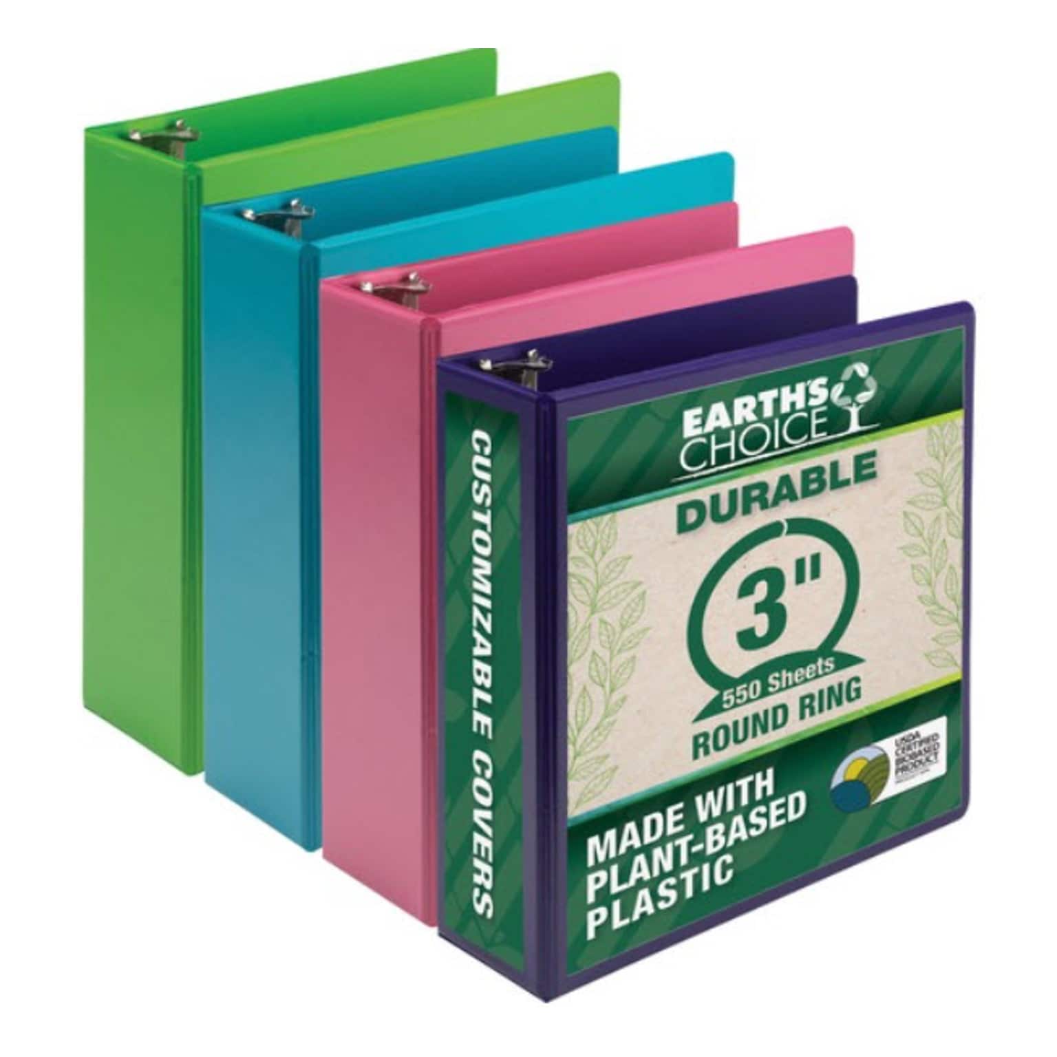 Samsill Earths Choice 3 3-Ring View Binder, Assorted Colors, 4/Pack (SAMMS48689)