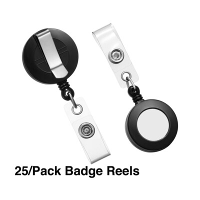 Staples® Badge Reels, 30" Retractable Cord Length, Vinyl/Metal, Black, 25/Pack (18913/3748022)