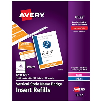 Avery Vertical Style Laser/Inkjet Name Badge & Ticket Inserts, 6 x 4 1/4, White, 100 Inserts Per B