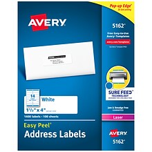 Avery Easy Peel Laser Address Labels, 1-1/3 x 4, White, 14 Labels/Sheet, 100 Sheets/Box   (5162)