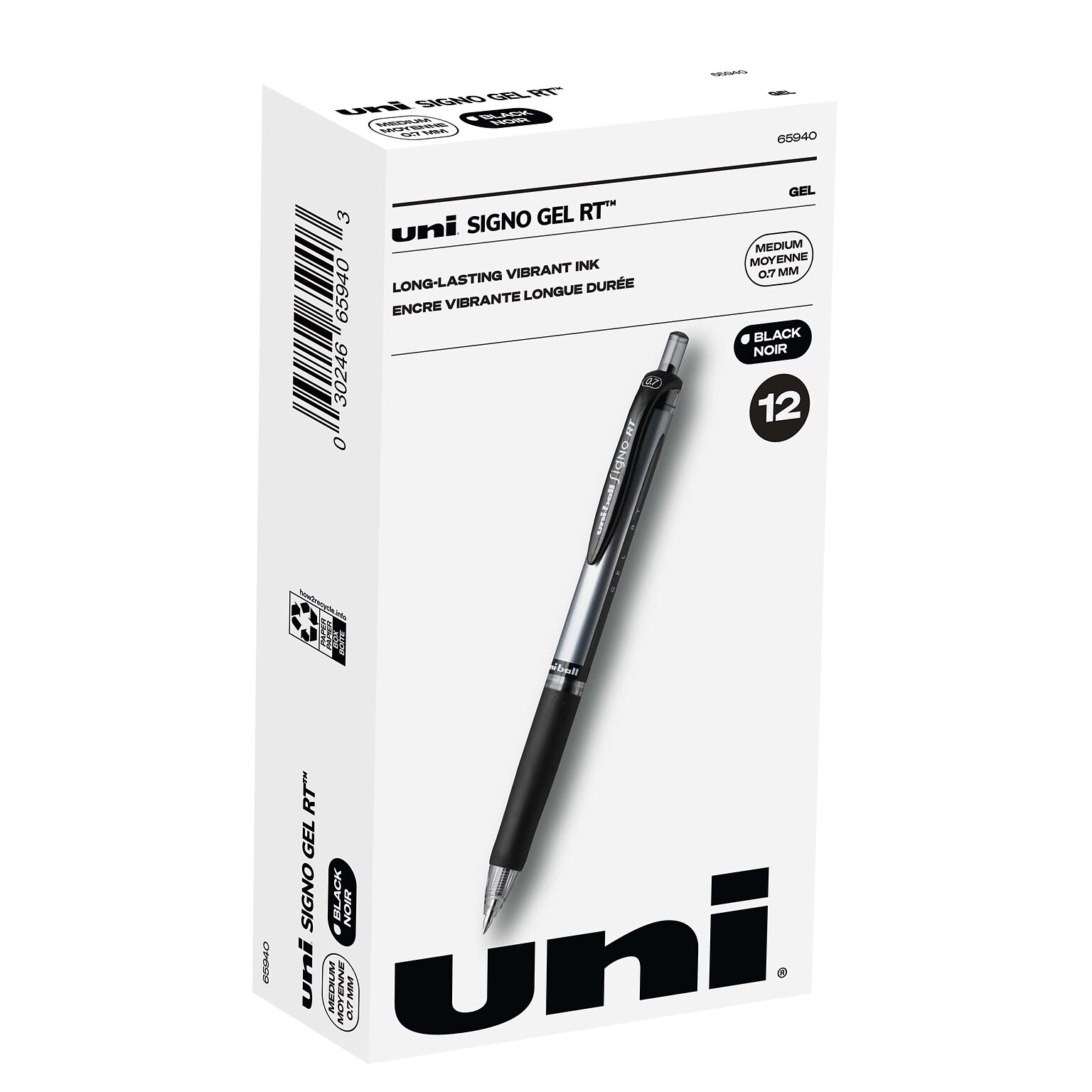 uniball Signo RT Gel Pens, Medium Point, 0.7mm, Black Ink, Dozen (65940)