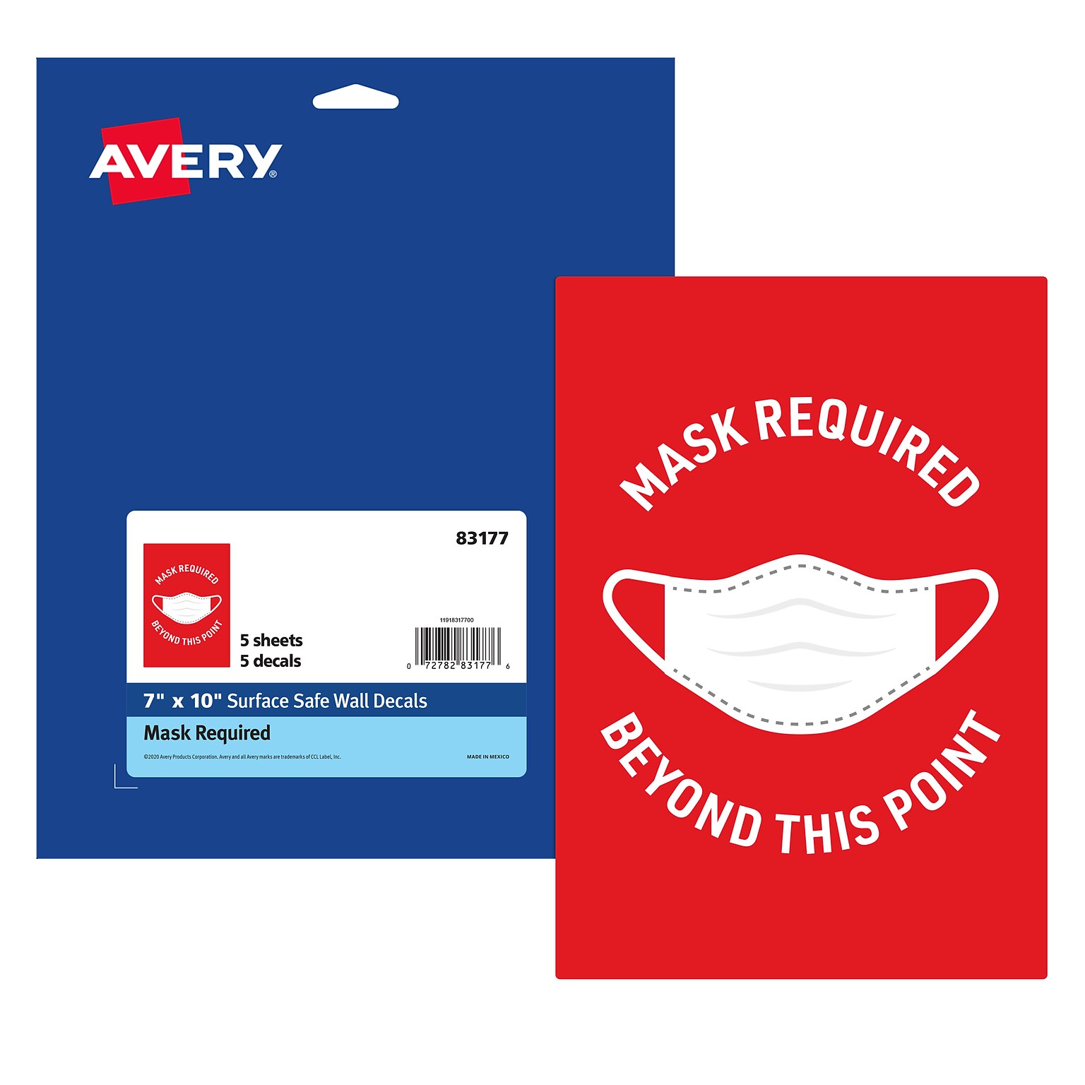 Avery Surface Safe Mask Required Beyond This Point Preprinted Wall Decals, 7 x 10, Red/White, 5 Pack (83177)