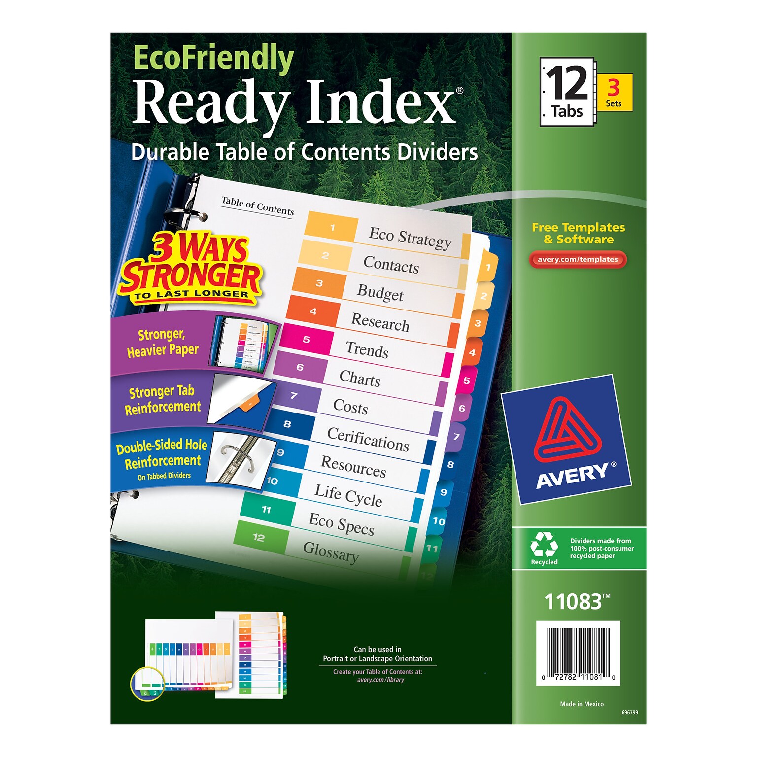 Avery Ready Index Table of Contents EcoFriendly Paper Dividers, 1-12 Tabs, Multicolor, 3 Sets/Pack (11083)