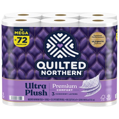 Quilted Northern Ultra Plush 3-Ply Standard Toilet Paper, White, 255 Sheets/Roll, 18 Rolls/Case (876