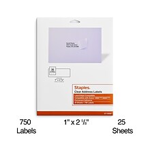 Staples® Laser/Inkjet Address Labels Address Labels, 1 X 2 5/8, Clear, 30 Labels/Sheet, 25 Sheets/P
