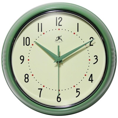 Infinity Instruments Round Retro Wall Clock, Aluminum, 9.5 (10940-GREEN)