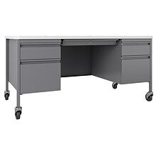 Hirsh 60W Double-Pedestal Mobile Teachers Desk, Platinum/White (22649)