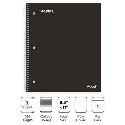 Staples Premium 3-Subject Notebook, 8.5 x 11, College Ruled, 150 Sheets, Black (ST58313)