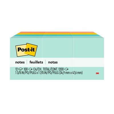 Post-it Notes, 1 3/8" x 1 7/8", Beachside Café Collection, 100 Sheet/Pad, 12 Pads/Pack (653AST)
