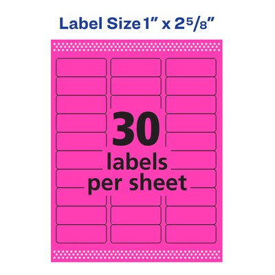 Avery Sure Feed Laser Address Labels, 1" x 2 5/8", Neon Pink, 30 Labels/Sheet, 25 Sheets/Pack   (5970)