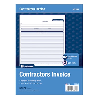 Adams 3-Part Carbonless Contractors Invoice Forms, 8.5W x 11.44L, 100/Pack (ABF NC3822)