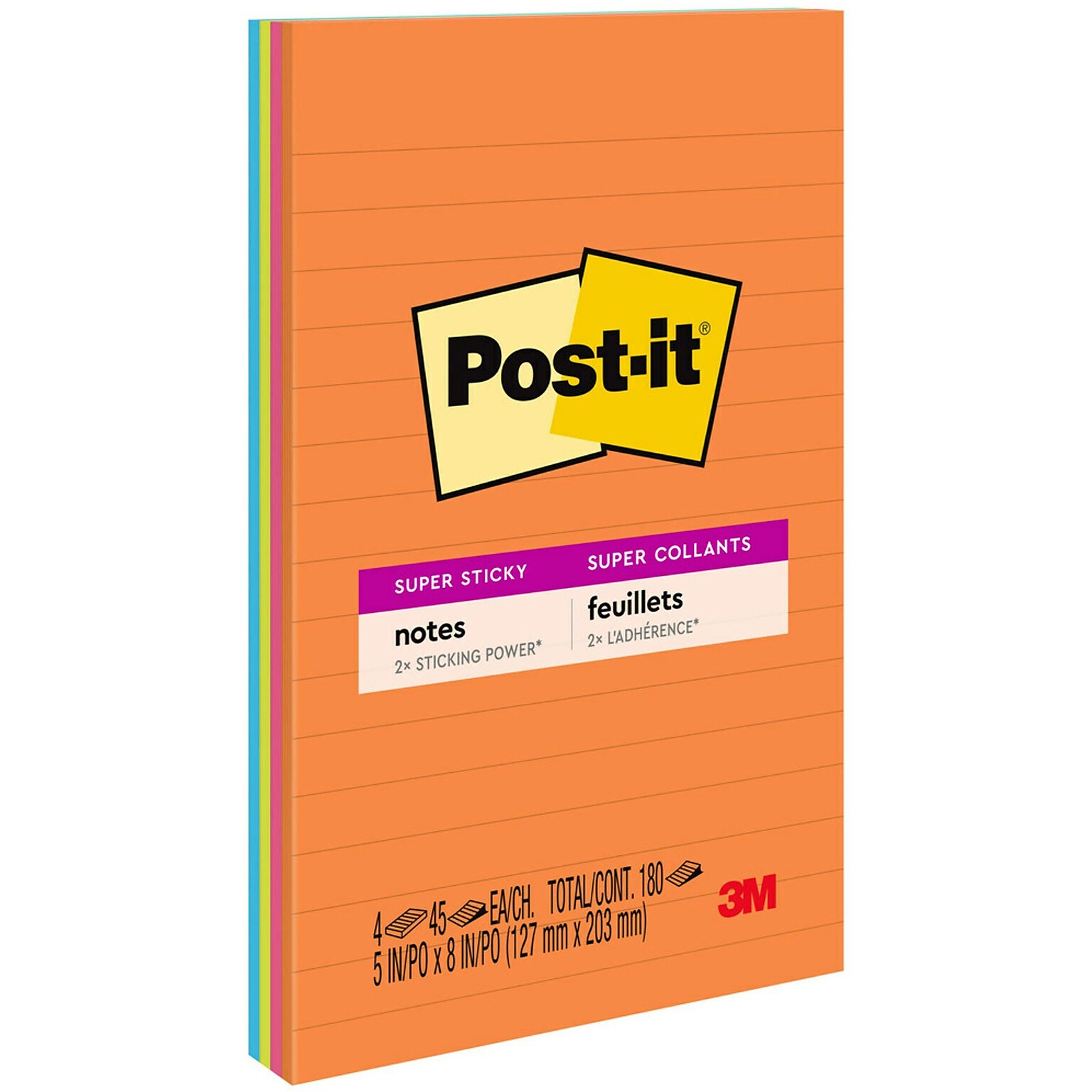 Post-it Super Sticky Notes, 5 x 8, Energy Boost Collection, Lined, 45 Sheet/Pad, 4 Pads/Pack (5845SSUC)