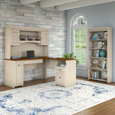 Bush Furniture Fairview 60 W L Shaped Desk with Hutch and 5 Shelf Bookcase Bundle, Antique White (F