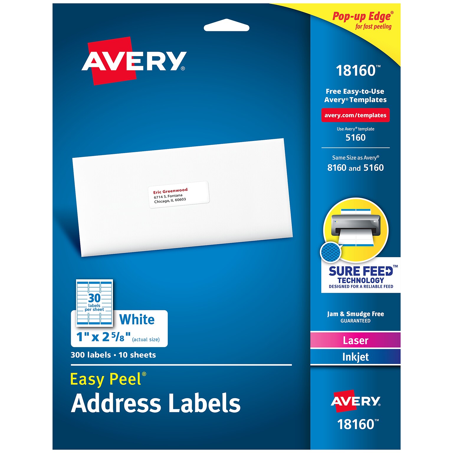 Avery Easy Peel Laser/Inkjet Address Labels, 1 x 2-5/8, White, 30 Labels/Sheet, 10 Sheets/Pack (18160)