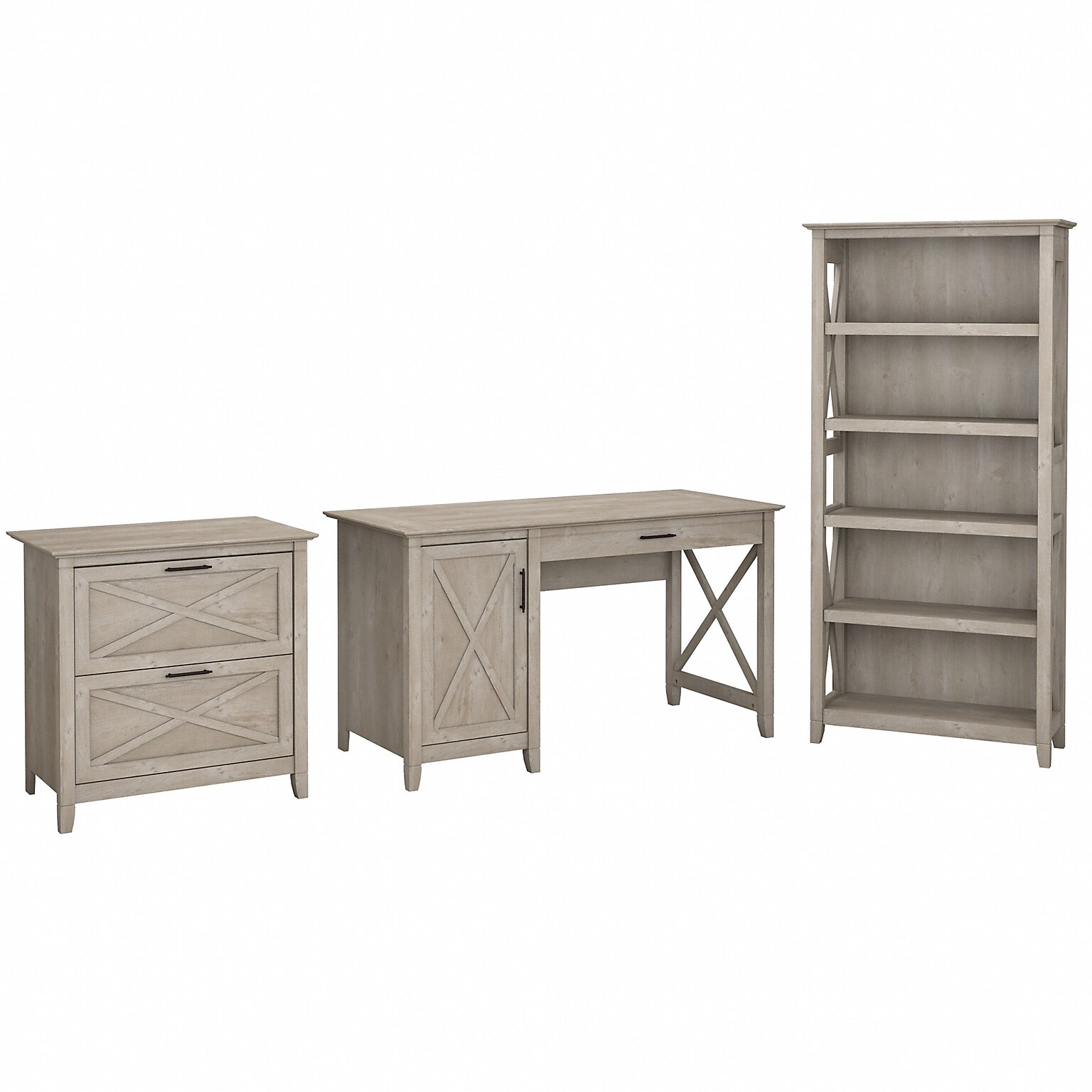 Bush Furniture Key West 54W Single Pedestal Desk with Lateral File and 5 Shelf Bookcase, Washed Gray (KWS009WG)