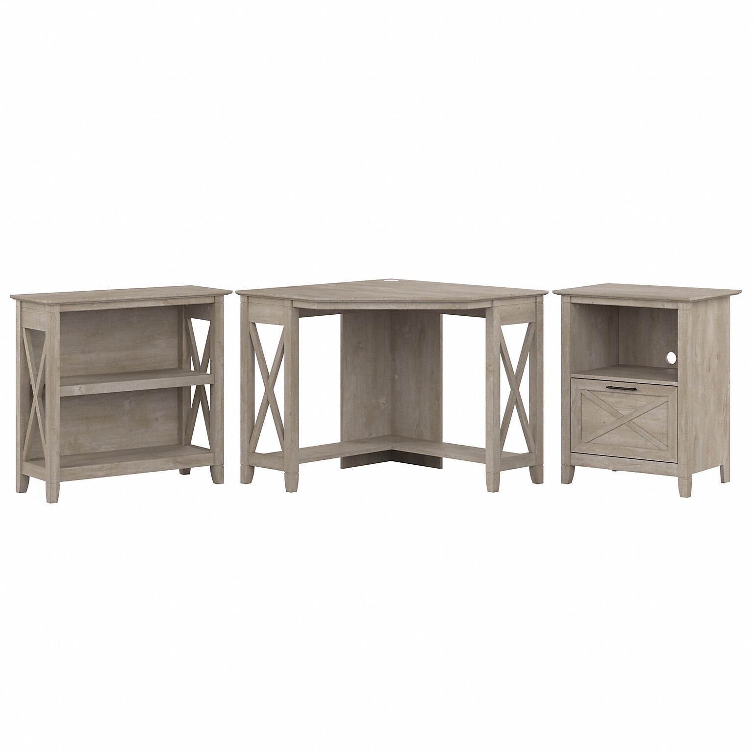 Bush Furniture Key West 34W Small Corner Desk with Bookcase and Lateral File Cabinet, Washed Gray (KWS050WG)