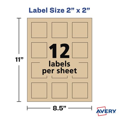 Avery Print-to-the-Edge Laser/Inkjet Labels, 2" x 2", Kraft Brown, 12 Labels/Sheet, 25 Sheets/Pack, 300 Labels/Pack (22846)