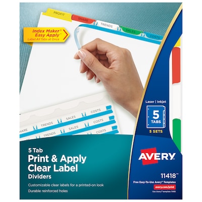 Avery Index Maker Paper Dividers with Print & Apply Label Sheets, 5 Tabs, Multicolor, 5 Sets/Pack (1