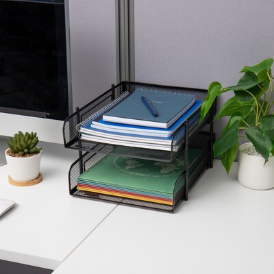 Mind Reader 2-Tier Stackable Paper Desk Tray Organizer, Metal Black, 2/Pack (CSTACK2-BLK)