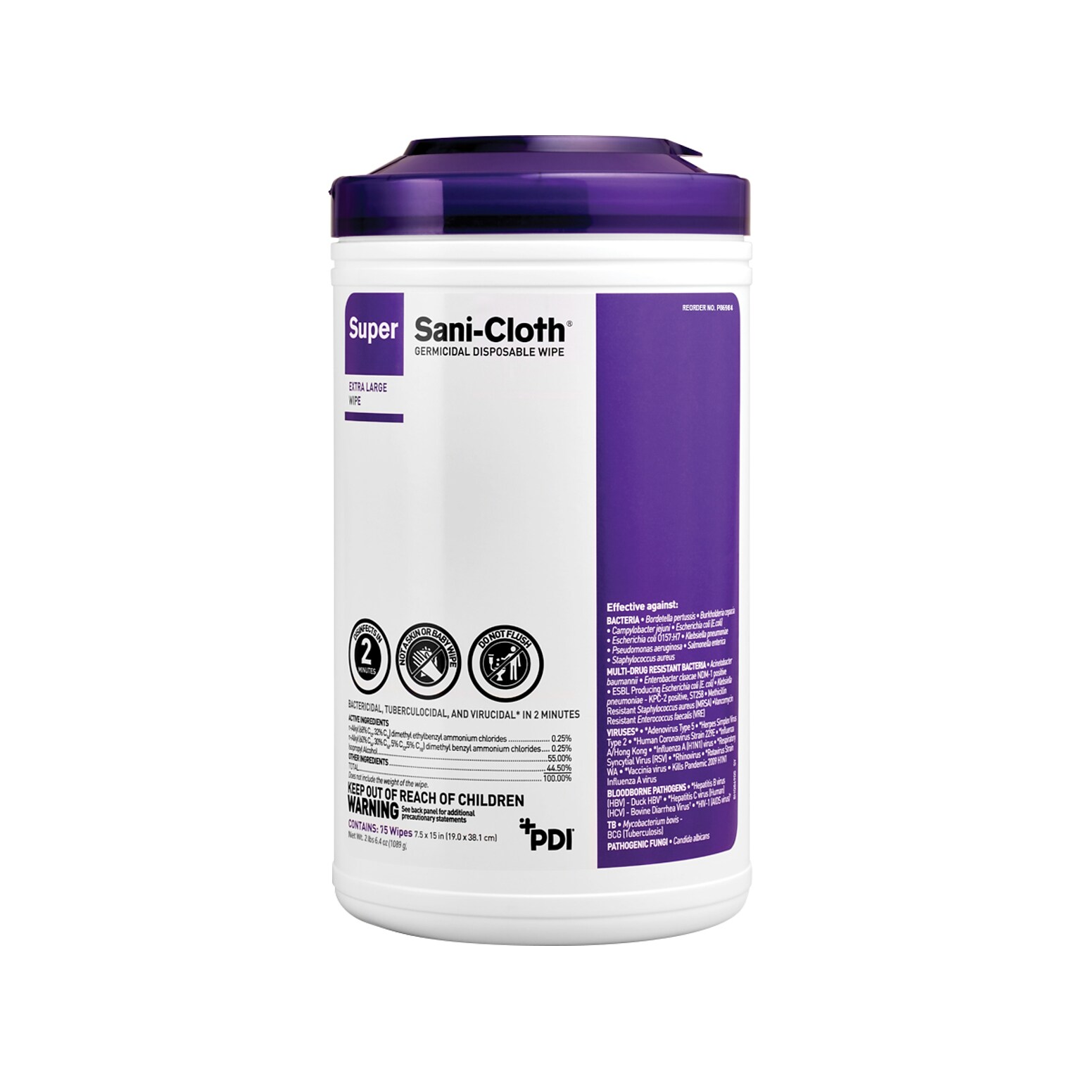 PDI Super Sani-Cloth Disinfecting Wipes, 75 Wipes/Canister, 6 Canisters/Carton (P86984CT)