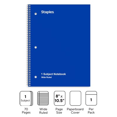 Staples 1-Subject Notebook, 8" x 10.5", Wide Ruled, 70 Sheets, Blue (TR24003)