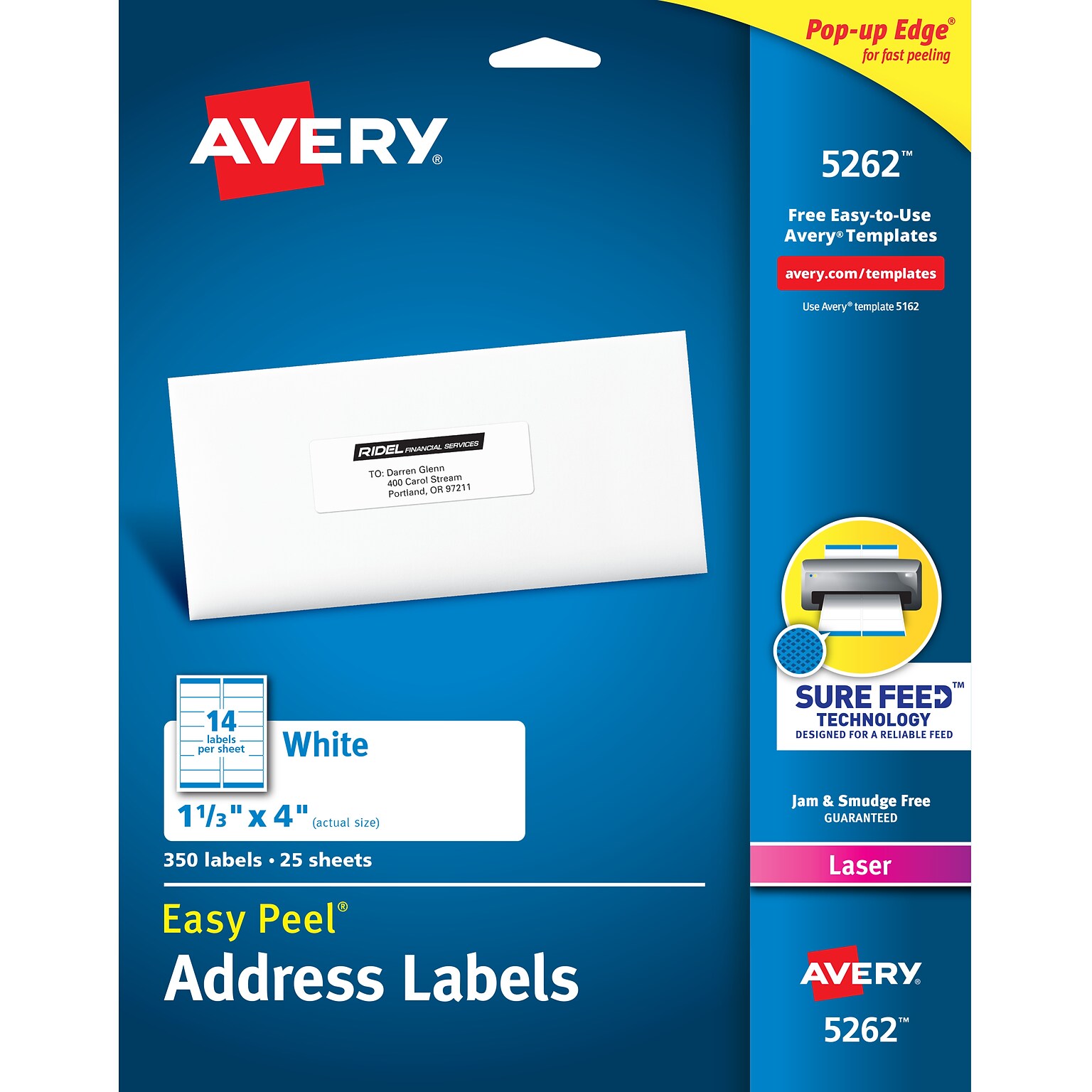 Avery Easy Peel Laser Address Labels, 1-1/3 x 4, White, 14 Labels/Sheet, 25 Sheets/Pack (5262)