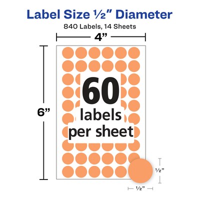 Avery Removable Self-Adhesive Round Paper Color-Coding Label, Orange, 1/2"(Dia), 840/Pack (5062)