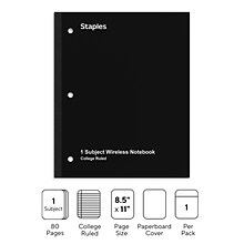 Staples Wireless 1-Subject Notebook, 8.5 x 11, College Ruled, 80 Sheets, Black (ST58377C)