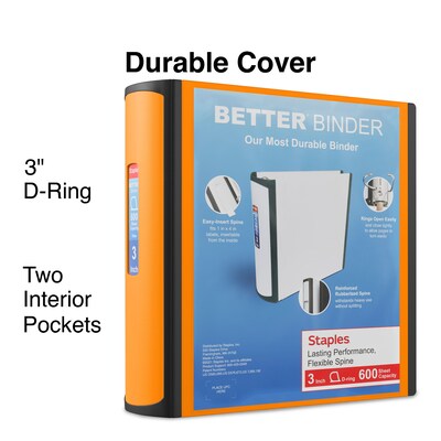Staples® Better 3 3 Ring View Binder with D-Rings, Orange (16405)