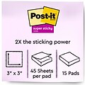 Post-it Super Sticky Notes, 3 x 3, Assorted Colors, 45 Sheets/Pad, 15 Pads/Pack (65415SSPS2)