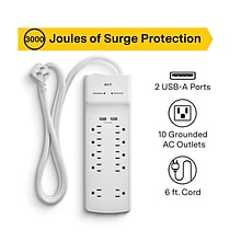 NXT Technologies™ 10-Outlet 2 USB Surge Protector, 6 Braided Cord, 3000 Joules (NX54318)