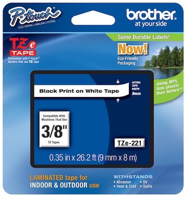 Brother P-touch TZe-221 Laminated Label Maker Tape, 3/8 x 26-2/10, Black On White (TZe-221)