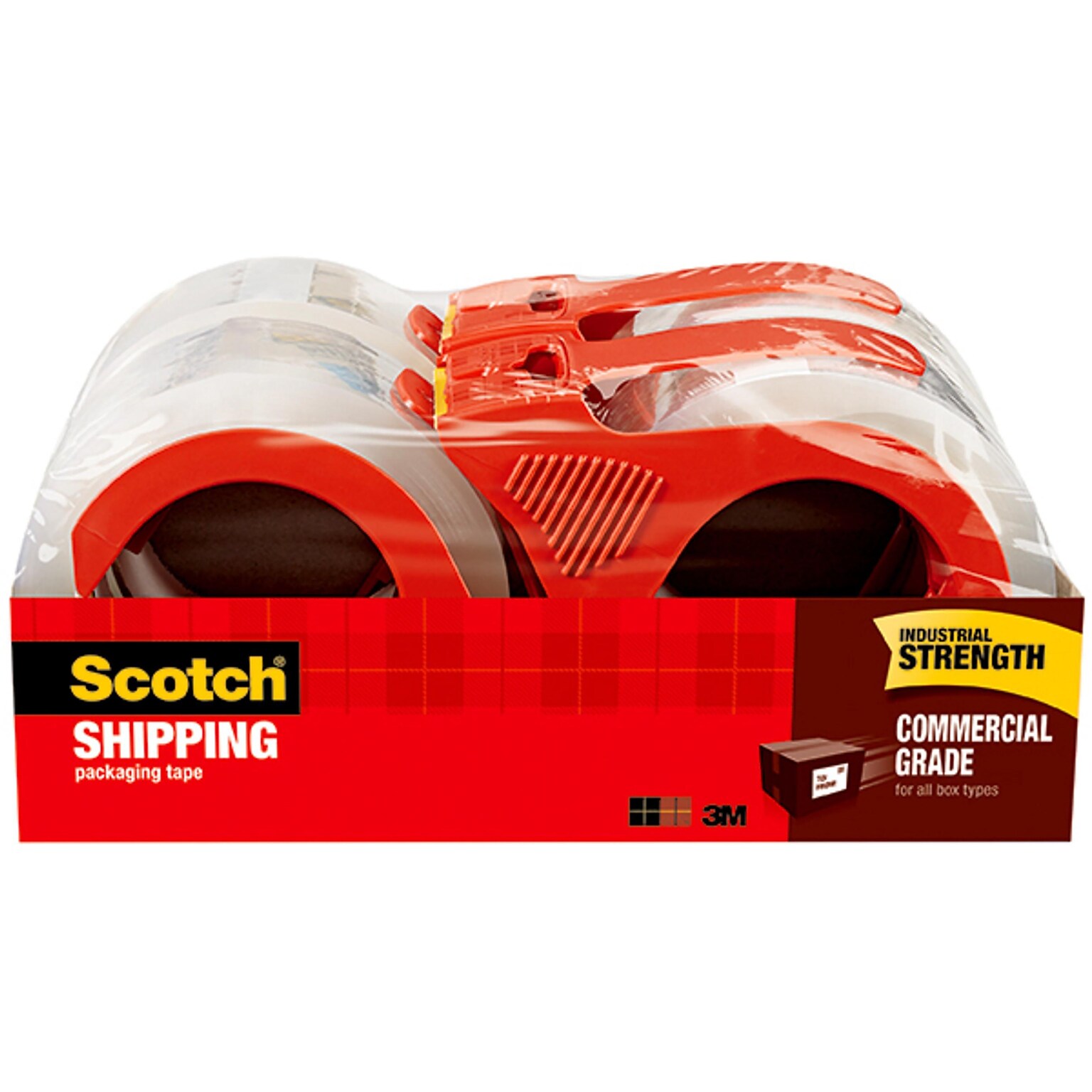 Scotch Commercial Grade Shipping Packing Tape with Dispensers, 1.88 x 54.6 yds., Clear, 4/Pack (3750-4RD)