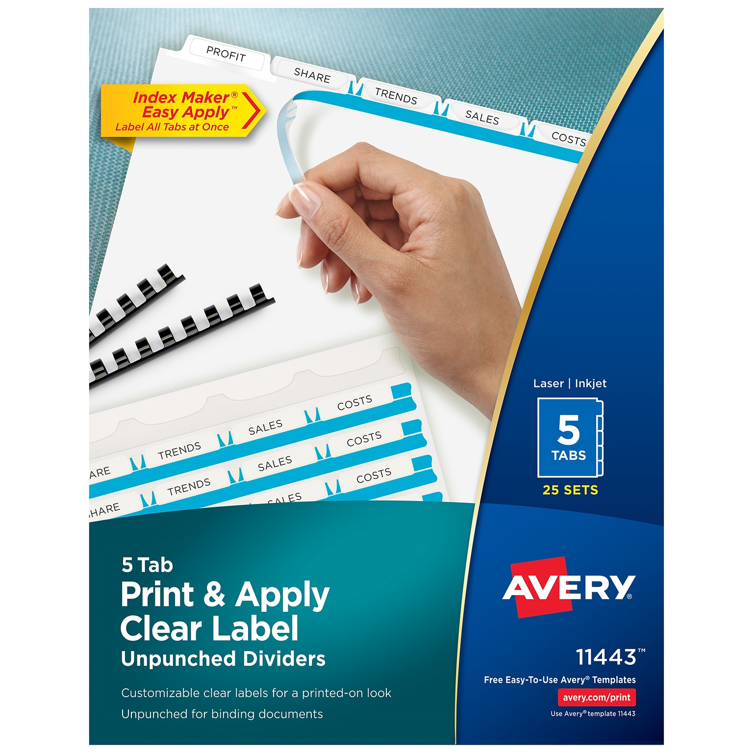 Avery Index Maker Unpunched Paper Dividers with Print & Apply Label Sheets, 5 Tabs, White, 25 Sets/Pack (11443)