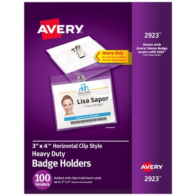 Avery Heavy Duty Clip Style Name Badge Holders, 3 x 4, Clear Landscape Holders, 100/Box (2923)