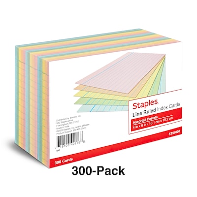 Staples 4" x 6" Index Cards, Lined, Assorted Colors, 300/Pack (TR51000)