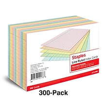 Staples 4 x 6 Index Cards, Lined, Assorted Colors, 300/Pack (TR51000)