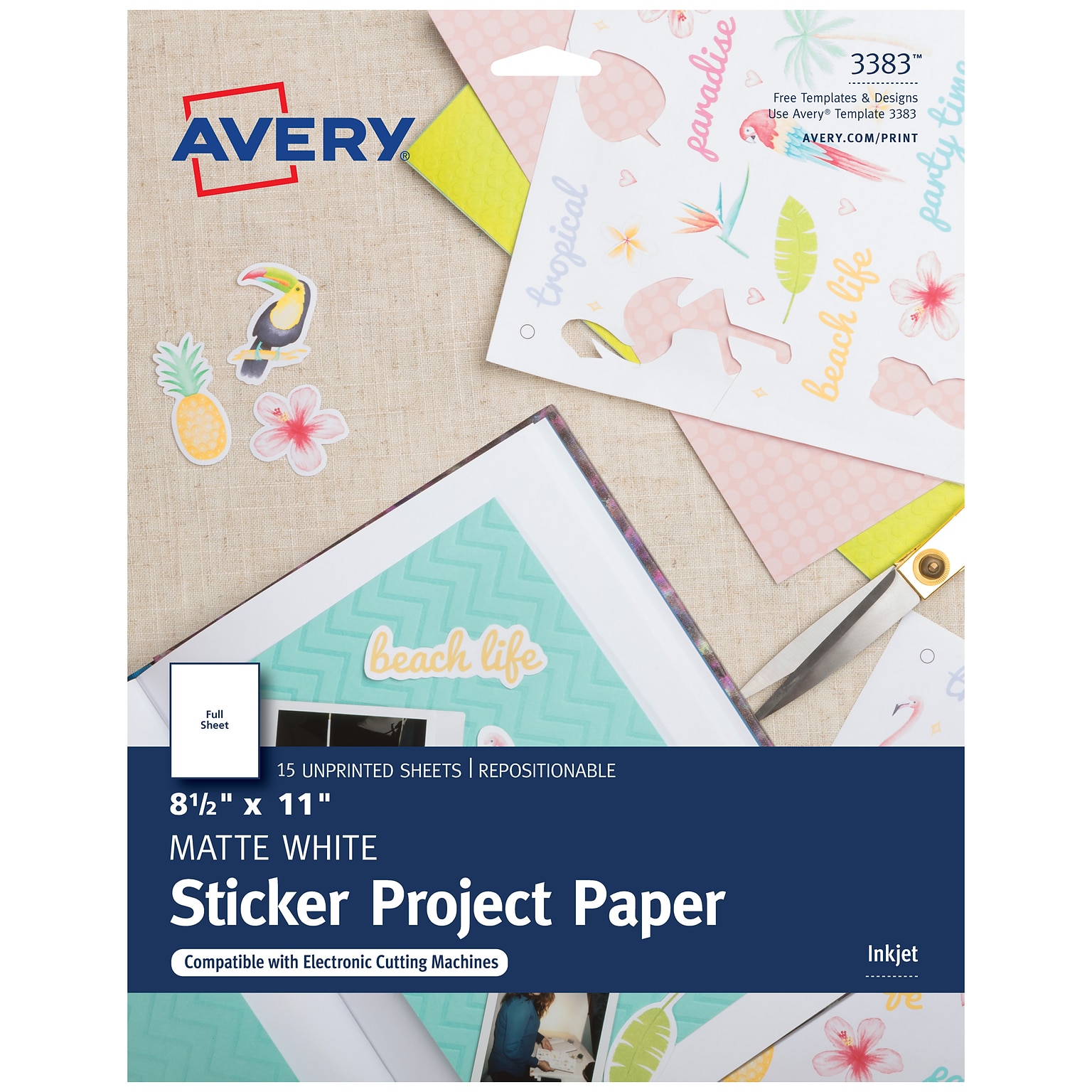 Avery Repositionable Inkjet Sticker Paper, 8.5 x 11, White, 1 Label/Sheet, 15 Sheets/Pack, 15 Stickers/Pack (3383)
