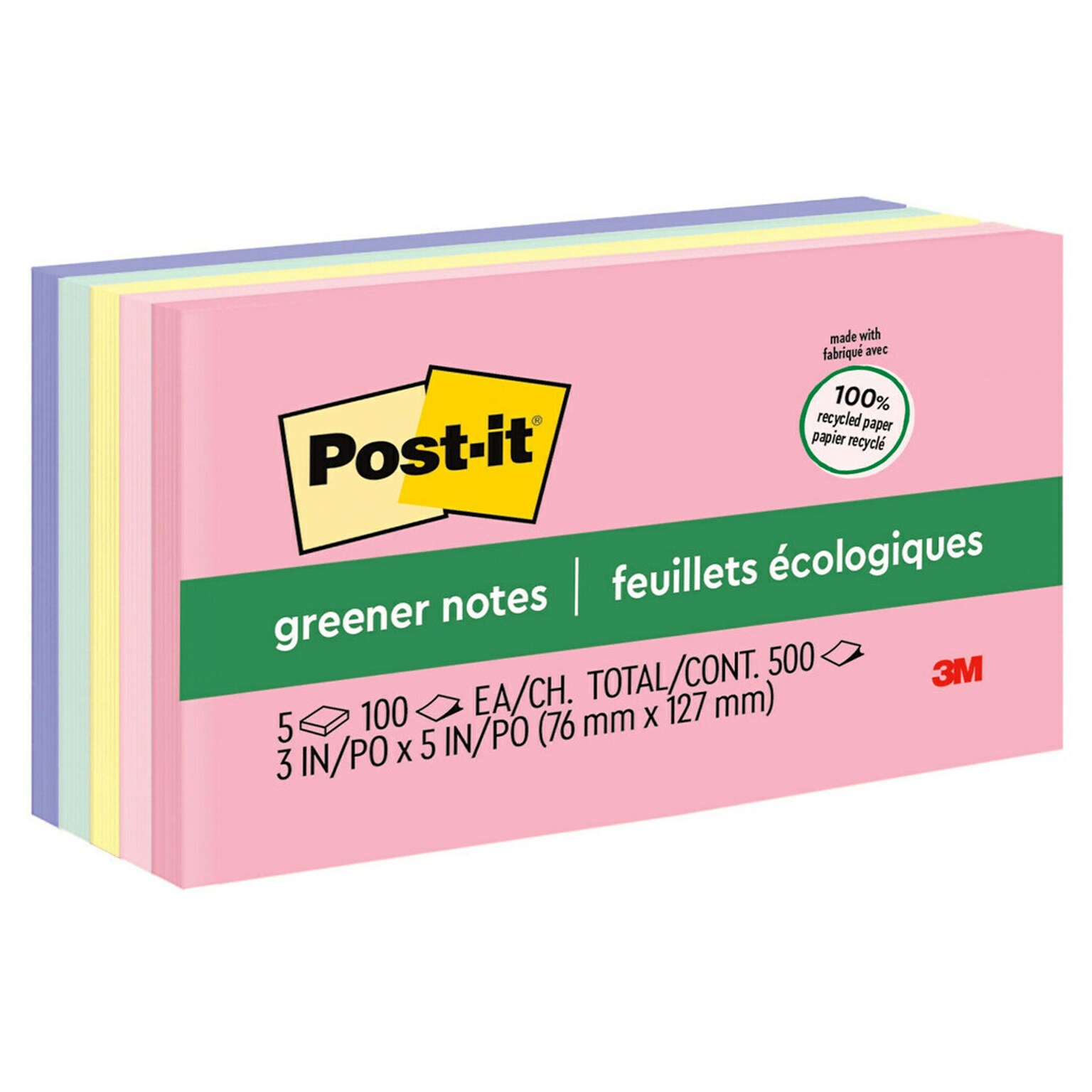 Post-it Greener Recycled Notes, 3 x 5, Sweet Sprinkles Collection, 100 Sheet/Pad, 5 Pads/Pack (655RPA)